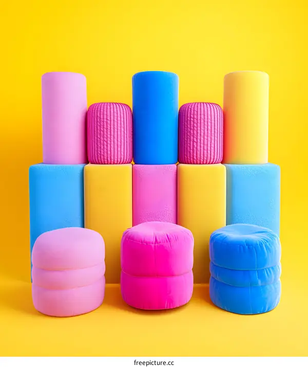 Colorful Abstract 3D Rendered  Pillows and Cushions on Yellow Background