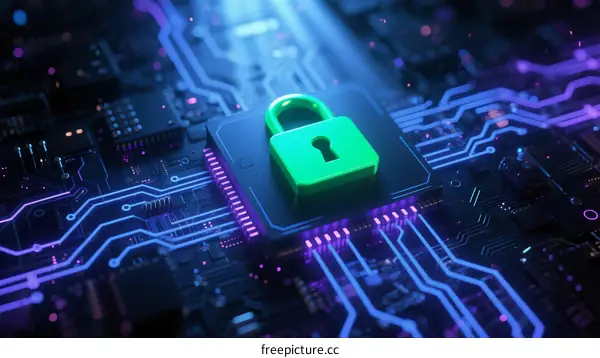Green Padlock on Circuit Board: Cybersecurity Concept