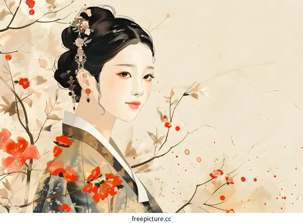Illustration of a Korean woman in traditional Korean clothing