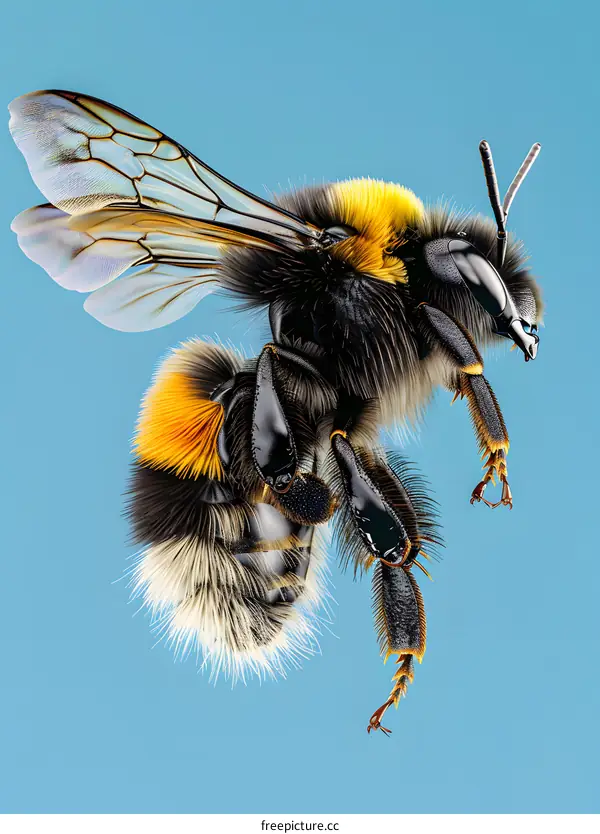 Bumblebee in Flight on Blue