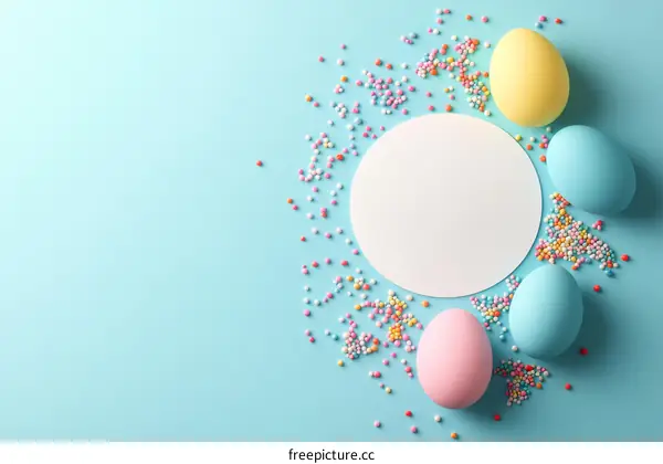 Colorful Easter Eggs and Sprinkles on Pastel Background