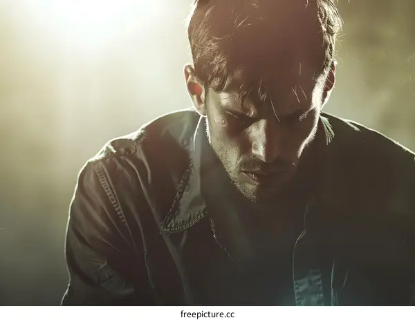 man looking down with hand on face