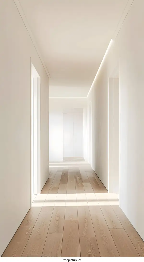 Minimalist White Corridor with Wooden Floor and Sunlight