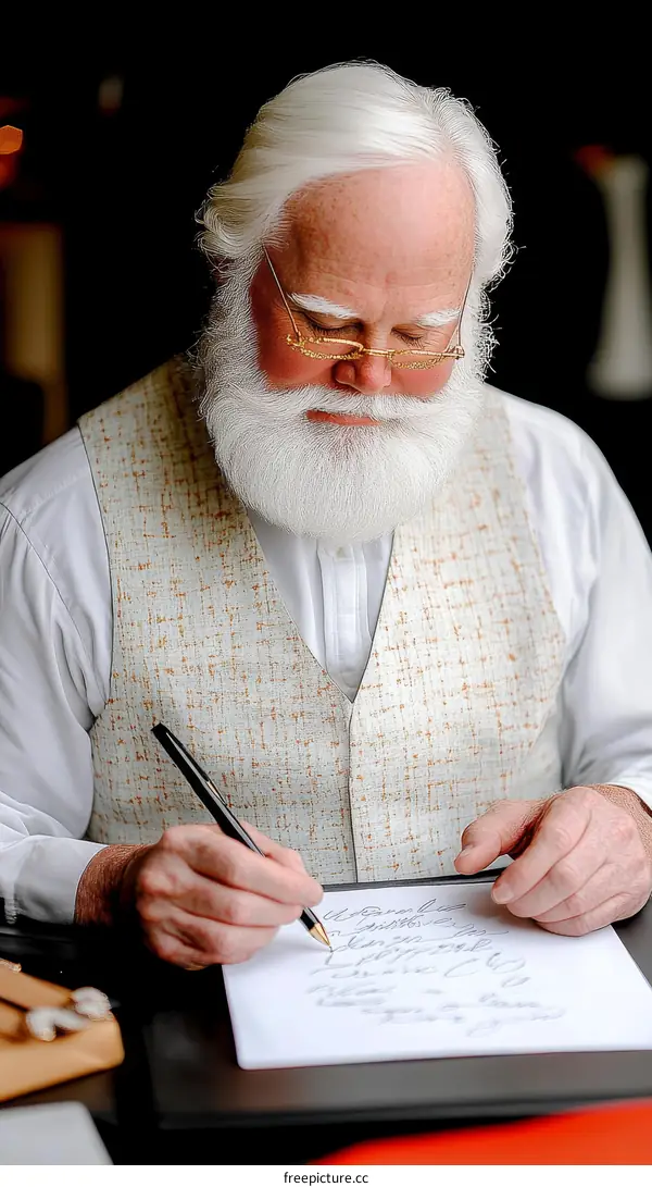 Mature Caucasian Man Writing Calligraphy