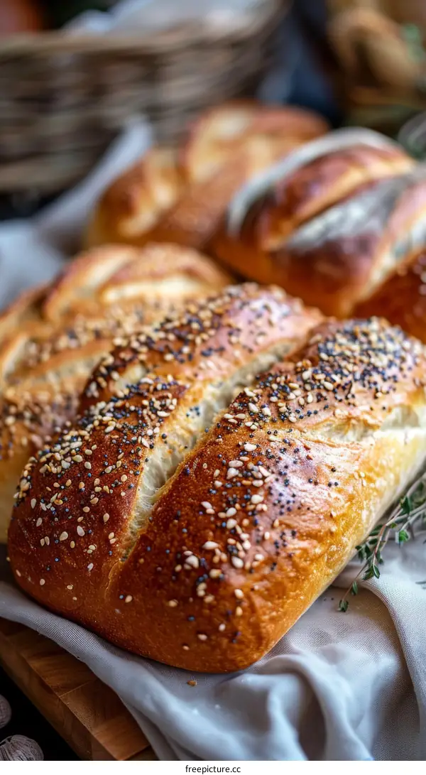 Loaf of bread with sesame seeds on a white cloth