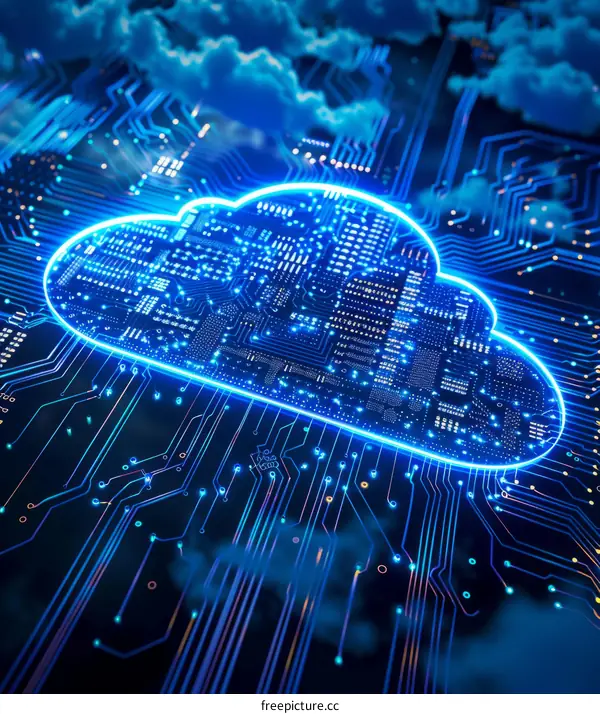 Blue glowing cloud integrated circuit with binary code and circuit board