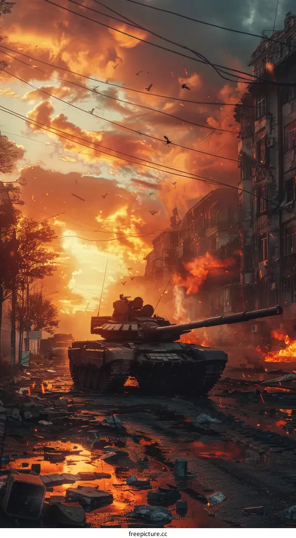Tank in the middle of the destroyed city street with the background of the setting sun