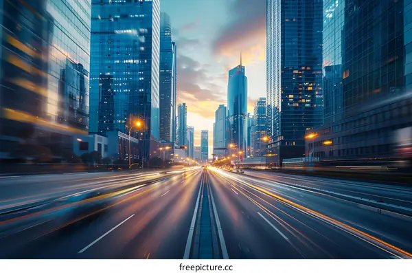 Cityscape with blurred light trails on the road at sunset