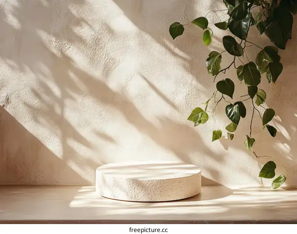 Natural Beige Display Podium with Sunlight and Greenery