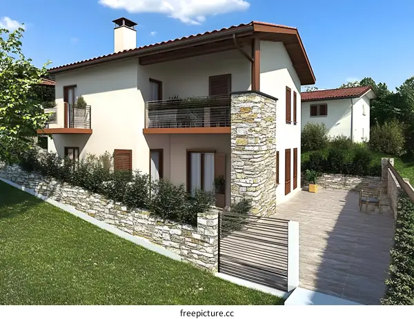 Modern House With Stone Wall And Balcony