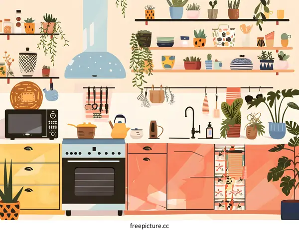 Modern Kitchen Illustration with Plants and Appliances