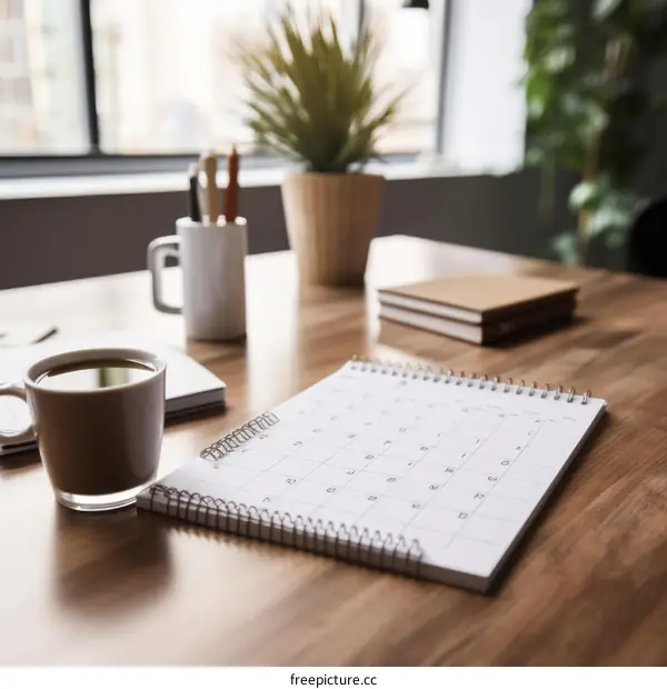 A desk with a calendar, coffee cup, books, and plants on it