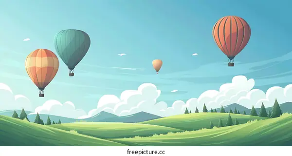 Cartoon Hot Air Balloons Over Green Hills And Clouds