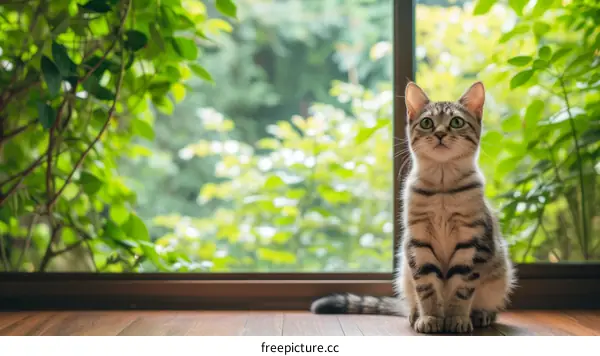 A cute tabby cat sits in front of a large window