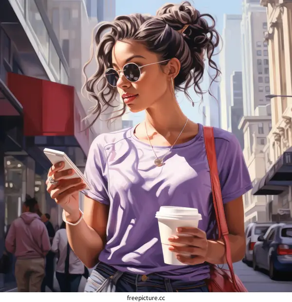 A young woman is walking down the street while looking at her phone