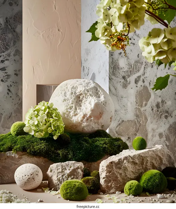 Green Moss, Stone and White Flowers Still Life Photography