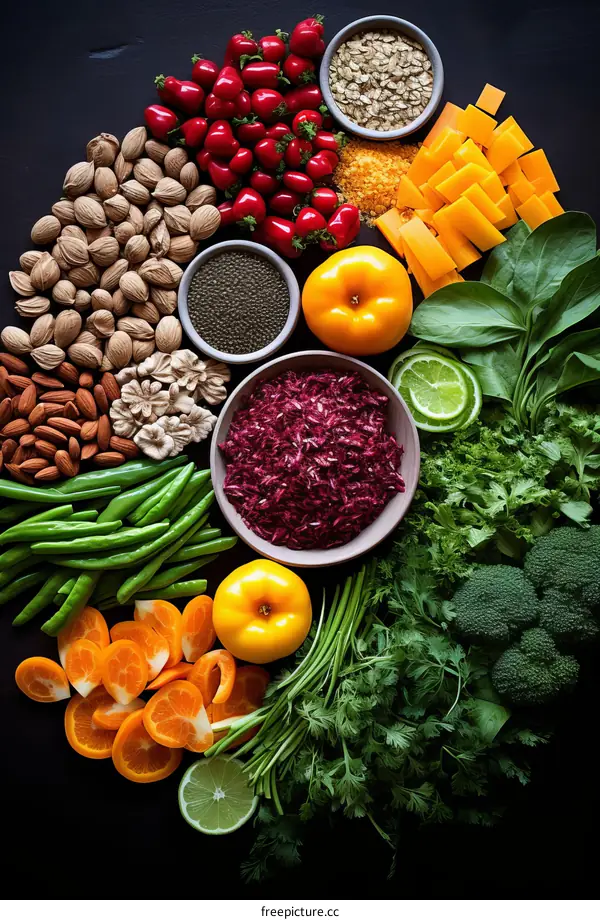 A variety of healthy food on a black background, arranged in a circle.