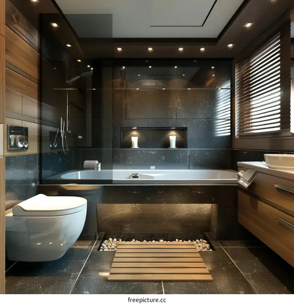 Modern Bathroom Design with Dark Marble and Wood