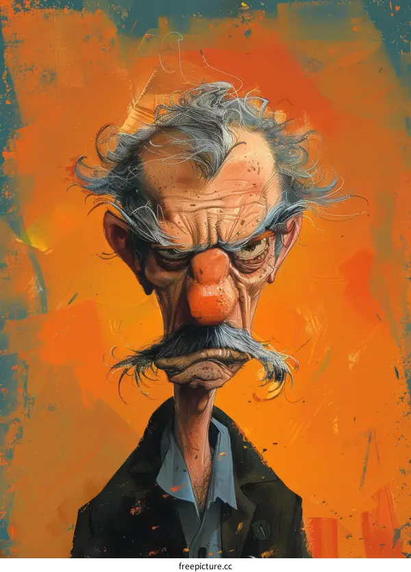 Caricature of a Grumpy Old Man with a Long Mustache