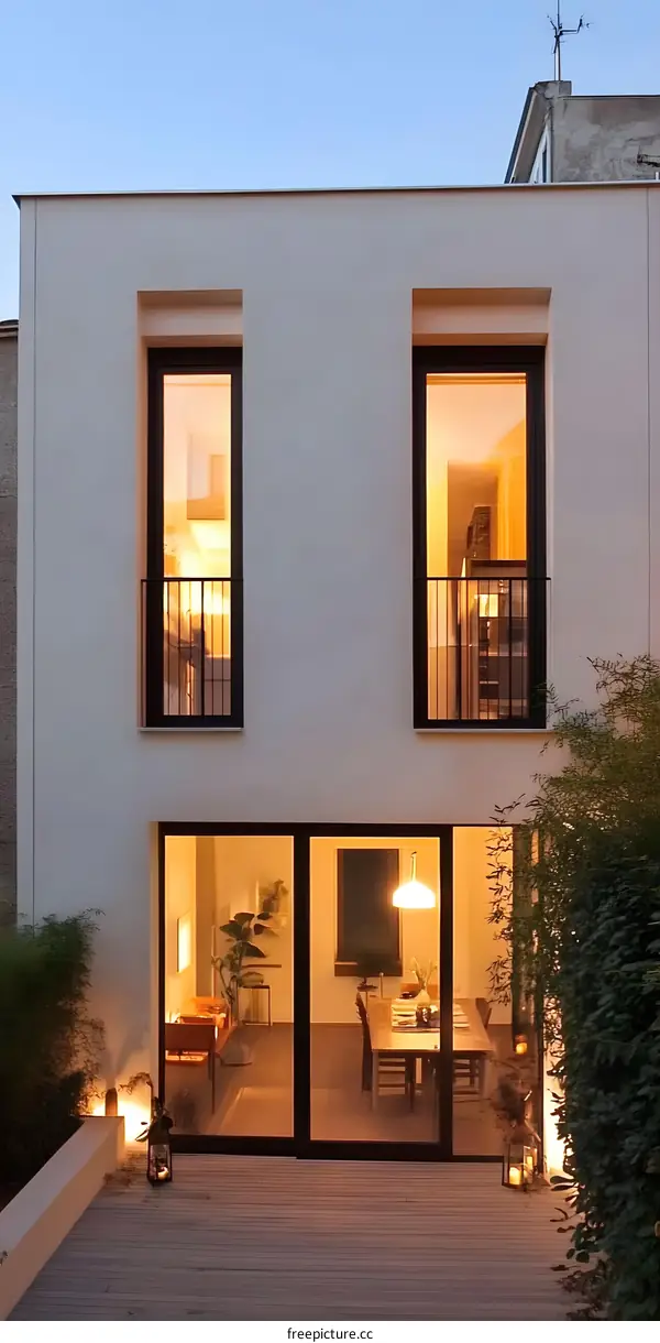 Modern House with Glass Doors and Windows Opening to Patio with Plants