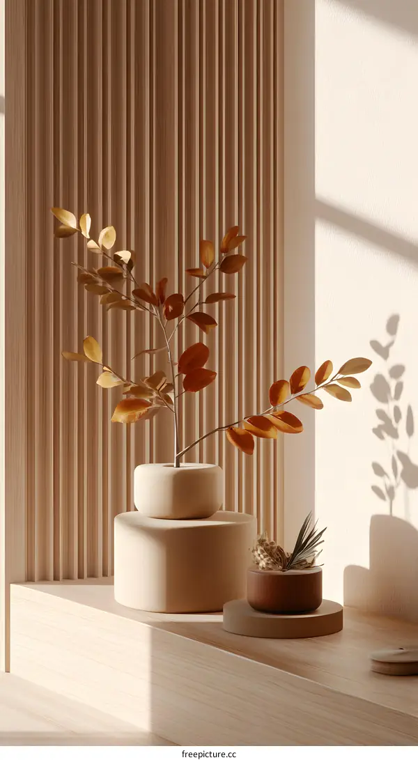 Minimalist Interior Design With Wooden Wall And Plants
