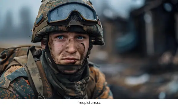 A soldier stares at the camera