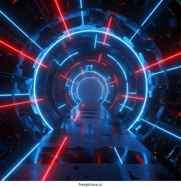 Futuristic Blue and Red Neon Light Tunnel with Circular Design