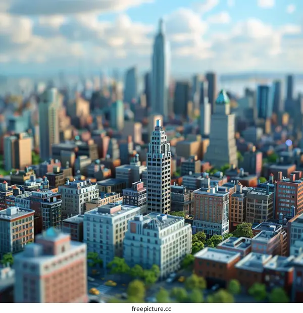 Tilt-shift photography of a dense urban cityscape with many skyscrapers in Manhattan, New York City, USA