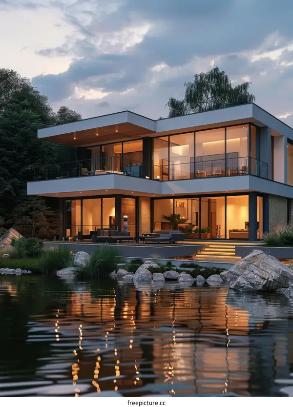 Modern lakeside house with large glass windows reflecting in the water at dusk