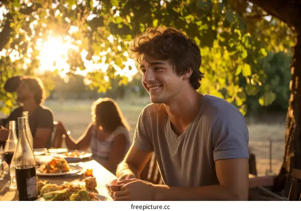 Young man smiling at a picnic with his friends