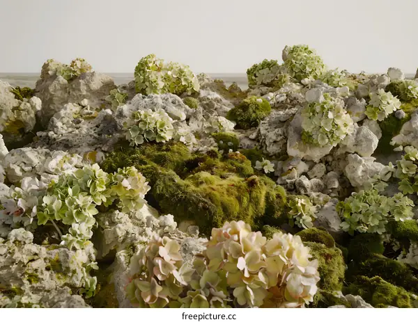 Green Moss and Flowers Growing on Rocks