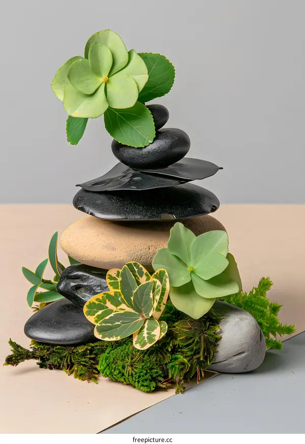 Zen Garden with Stacked Stones and Green Plants