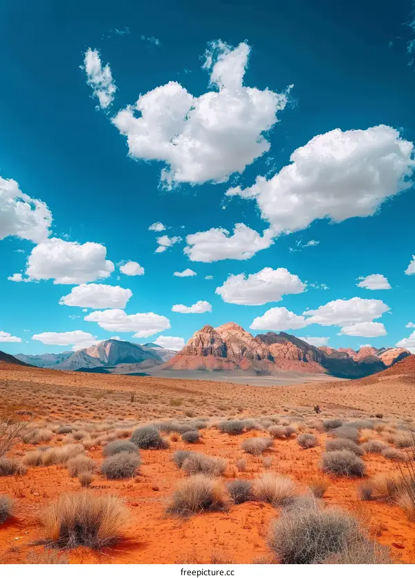 Arid desert landscape with large red rock formations under a blue sky with white clouds