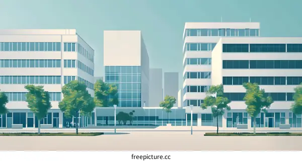 Modern City Buildings with Trees and People