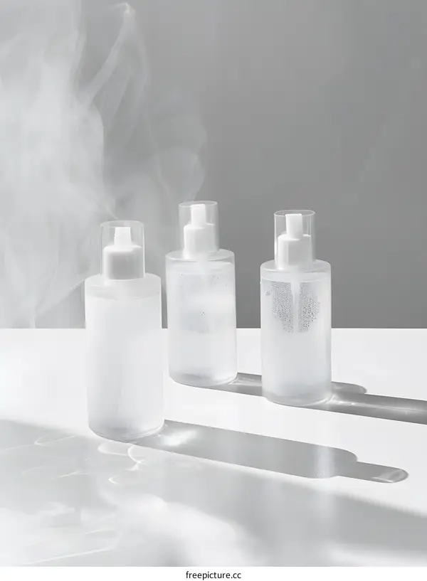 three round clear plastic bottles with white caps on a white table with a white background and mist in the air