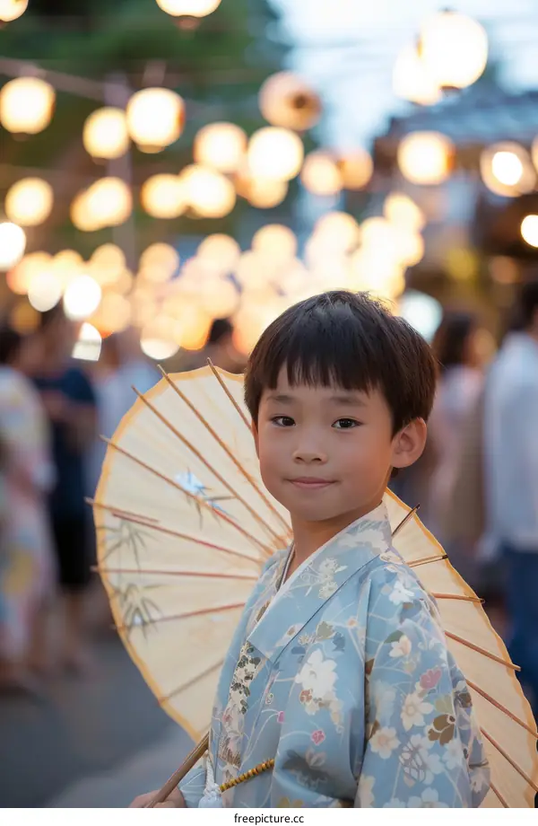 Japanese boy in kimono holding an umbrella at a summer festival