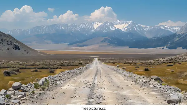 A dirt road through a valley with mountains in the distance