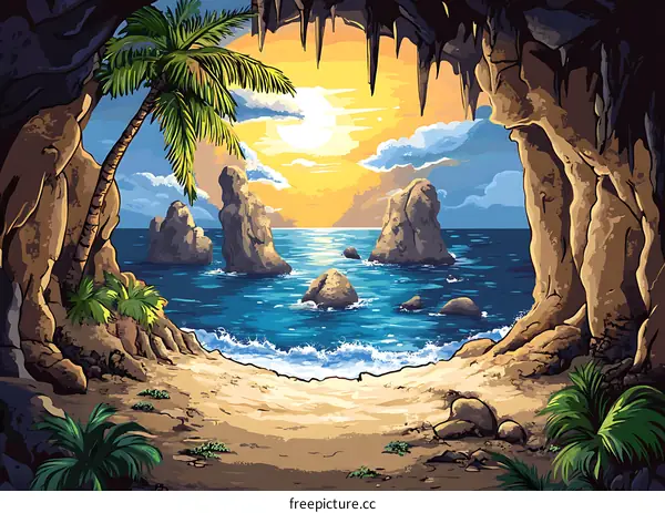 Tropical Cave Landscape Illustration With Sunset View