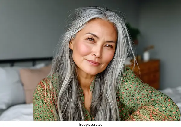 Portrait of a Mature Asian Woman with Gray Hair