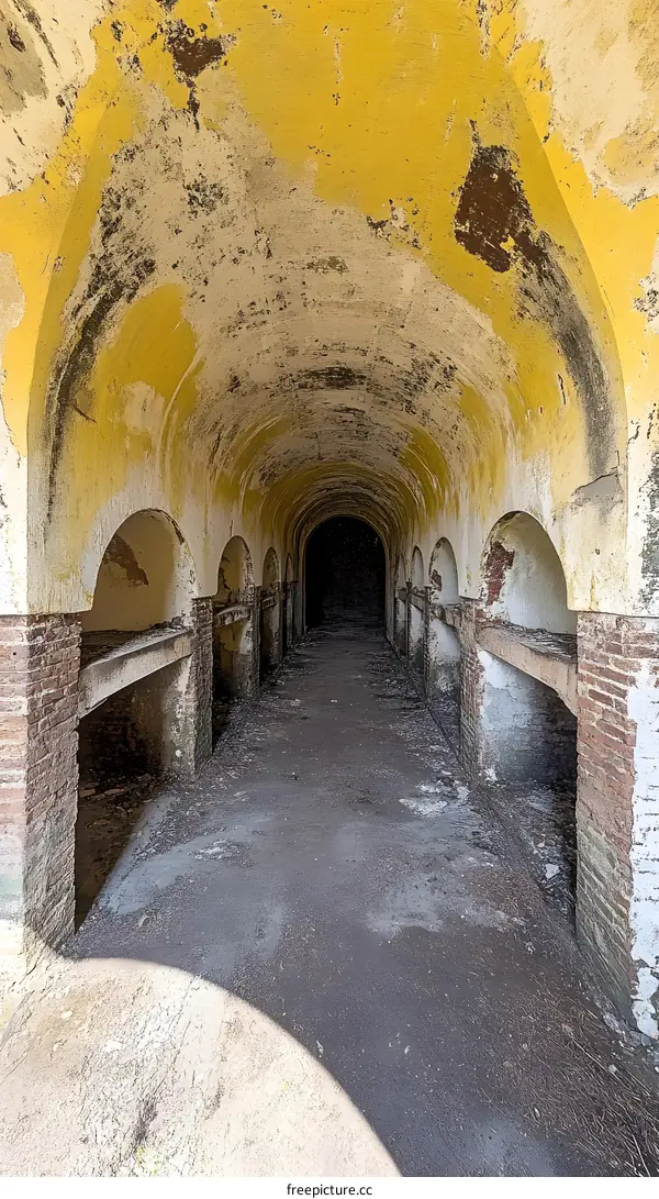 Old Abandoned Tunnel with Yellow Paint on the Ceiling