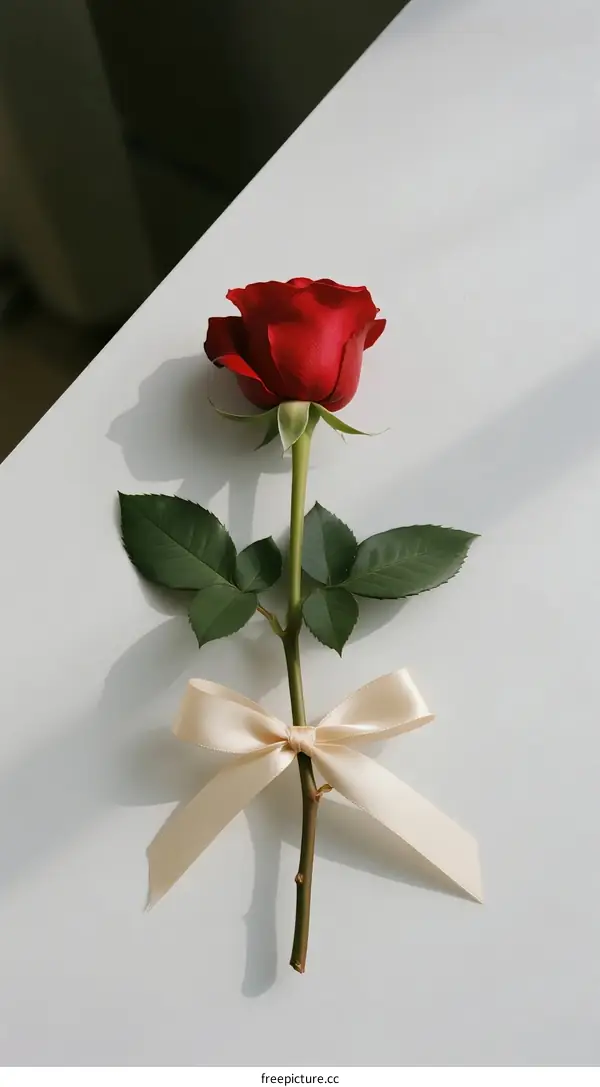 Single Red Rose with Ribbon on White Background