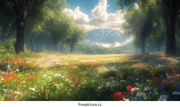 A beautiful summer landscape with a meadow full of flowers and a mountain in the distance