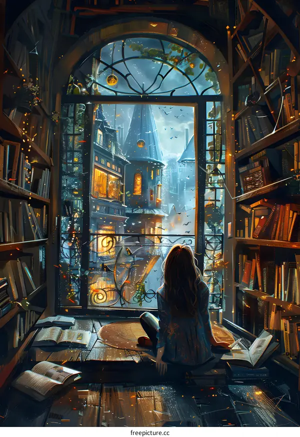 girl sitting in a library looking out the window at a fantasy city