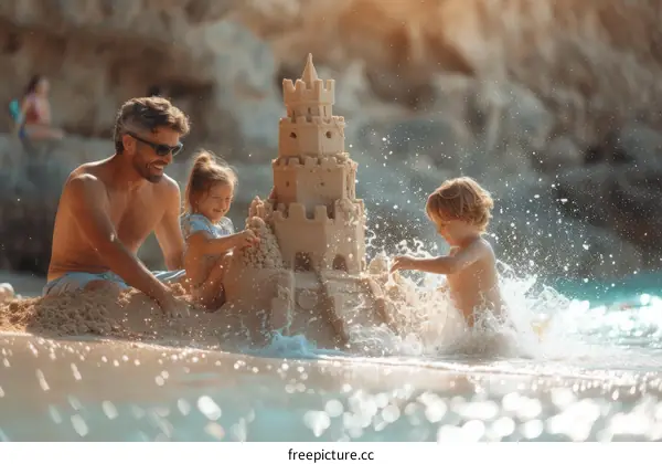 Father and his children are building a sandcastle on the beach