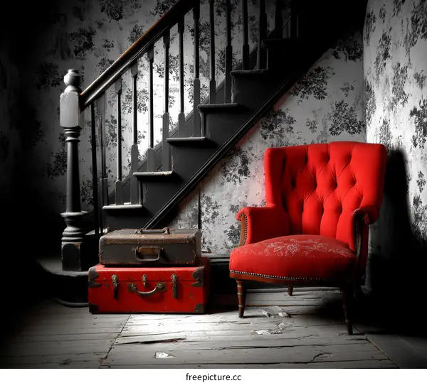 Vintage Red Armchair in an Old House Hallway