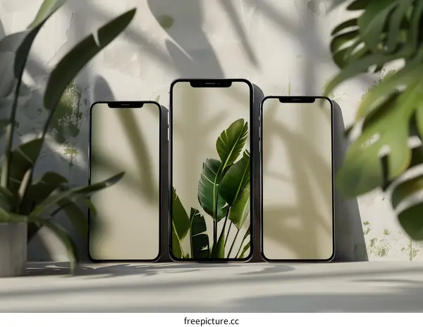 Three Mockup Phones with Green Leaves on a Beige Background