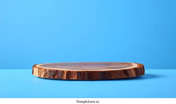 Wooden Slice Display Against Blue Background