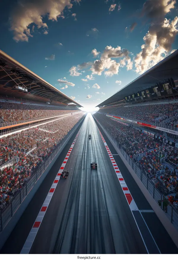 Formula One cars racing down a track with a crowd of spectators in the stands