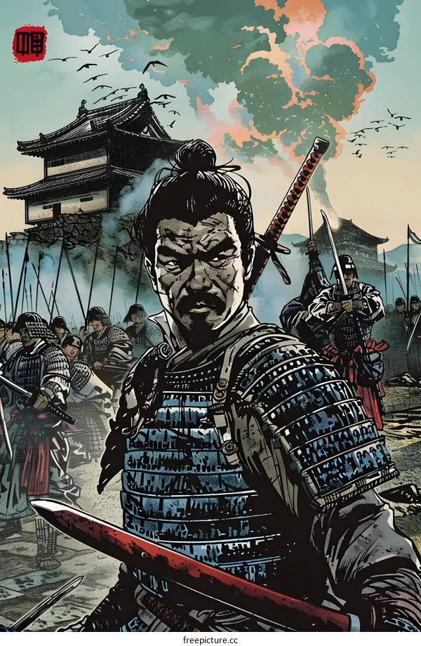 Samurai Warrior with Sword and Armor in Battle Scene