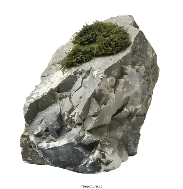 [Transparent Background PNG]Gray Rock with Green Moss on Top Isolated on White Background